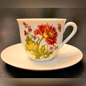 House of Goebel Bavaria West Germany Vintage Floral Teacup Saucer Set Poppy Leaf